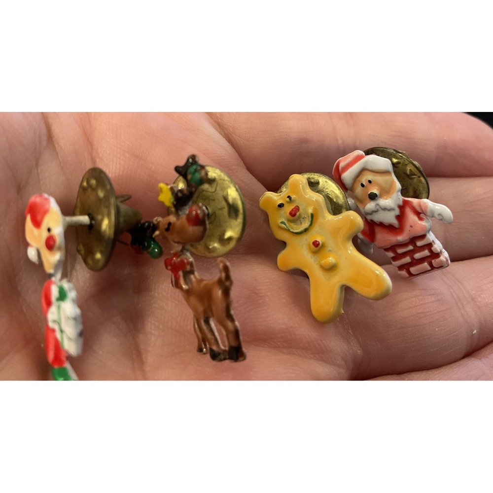 JJ Vtg Christmas Enamel Pin Lot Santa Reindeer Gingerbread Elf Gold Tone